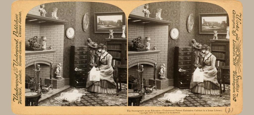 Занятная рекурсия: на стереоскопической карточке изображена женщина со стереоскопом
